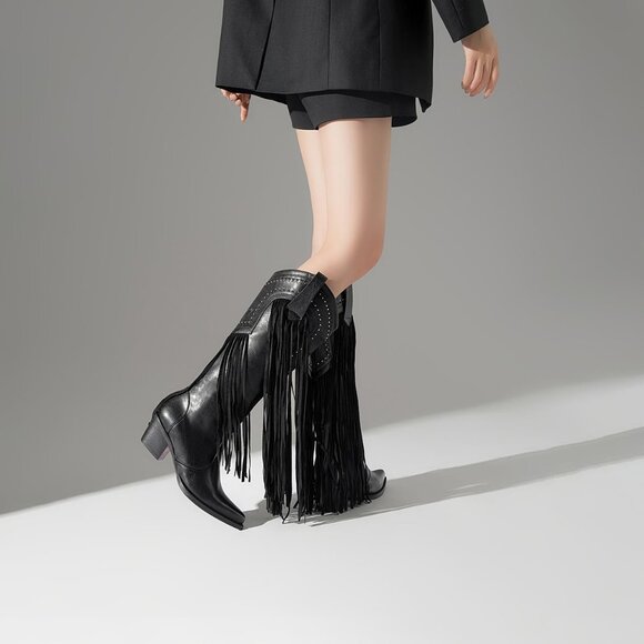 Women's Fashion Pointed Toe Chunky Pull On Knee High Heel Embroidered Black Boot - Picture 6 of 8